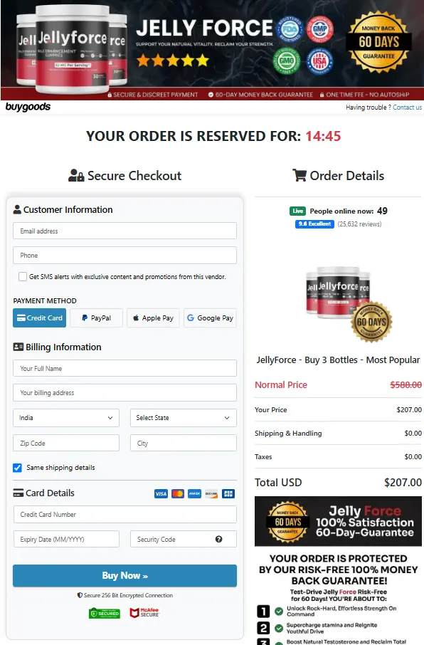 JellyForce order and checkout information